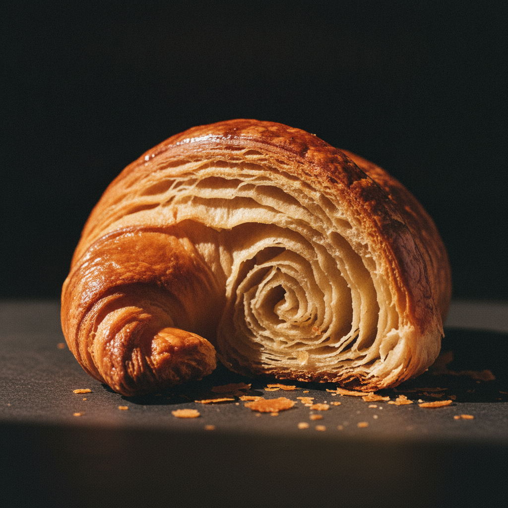 Extreme macro of a butter croissant — flaky golden layers, crisp crust.